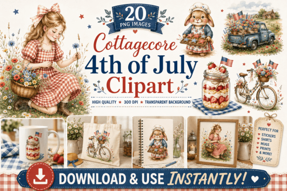 Cottagecore 4th of July: Patriotic PNG Clipart Bundle