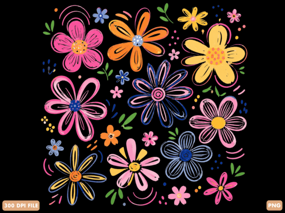 Cute Retro Floral Clipart PNG: Hand Drawn Design
