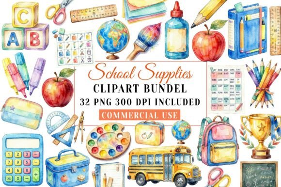 Watercolor School Supplies Clipart: Creative Assets for Educators and Designers