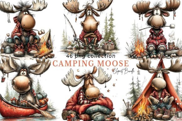 Whimsical Camping Moose Clipart Bundle: 46 Designs for Outdoor Projects