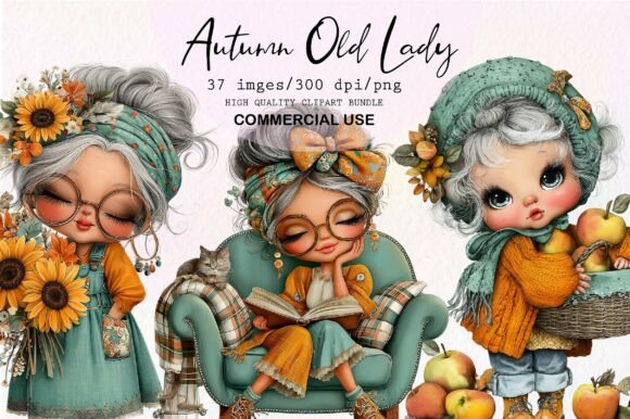Whimsical Fall Autumn Old Lady Clipart for Cozy Designs
